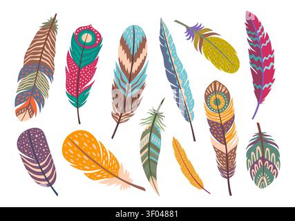 Boho and ethnic native indigenous tribal bird feathers or bohemian quill accessory. Native American tribal and indigenous ethnic Boho feathers and bird quills plumage with ornament pattern decoration Stock Vector