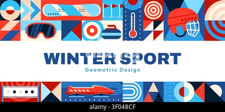 Winter sport banner with mosaic geometric pattern background. Abstract retro modern tile with a winter sports equipment, hockey helmet, goggles, snowboard, curling, skating, speedskating, thermometer Stock Vector