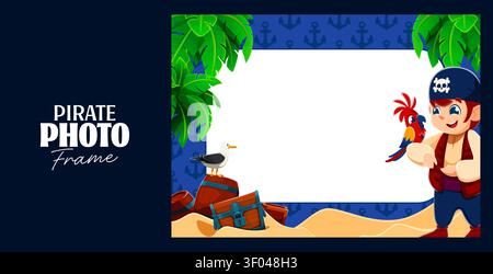 Kids photo frame with boy pirate captain, parrot and treasures. Pirate photo frame with tropical palm leaves and sand dunes for kids birthday frames, scrapbooking and holiday cards Stock Vector