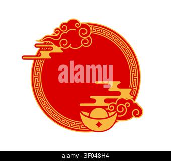 Oriental round frame with Chinese ornament or festive Asian and Japanese design, vector decoration. Oriental frame with Chinese gold ingot sycee and clouds for Chinese lunar New Year decor art Stock Vector