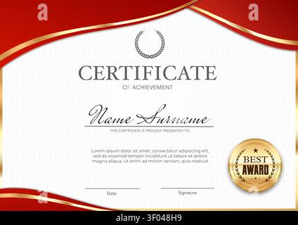 Award diploma template, certificate of achievement with golden frame, seal and guilloche ornament. Appreciation premium border, corporate retro modern background template for achievement recognition Stock Vector