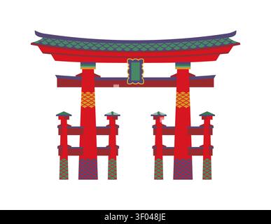 Japanese pagoda red torii gates or Asian temple entrance arches of Japan architecture landmark icon. Torii gates of Japanese Shinto shrine traditional gateway and symbol of religious culture of Japan Stock Vector