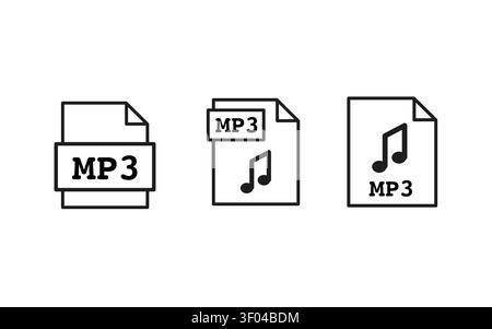 MP3 file outline icons set isolated on white background. Vector illustration of audio file format symbols. Music, sound, and audio storage concepts fo Stock Vector