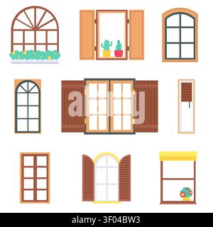 Wooden Window Collection with Open Shutters Blinds and Plants Vector Illustration Stock Vector