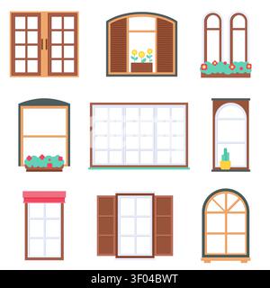 Classic Wooden Window Collection with Arched and Shutter Designs Vector Illustration Stock Vector