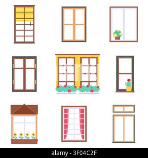 Wooden Window Set with Blinds Flower Boxes and Sliding Frames Vector Illustration Stock Vector
