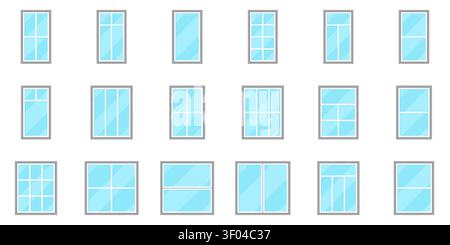 Modern Rectangular Window Styles Flat Vector Illustration Set Stock Vector