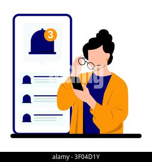 Modern flat vector illustration of a woman checking smartphone push notifications beside a mobile app interface, ideal for messaging, alerts, communic Stock Vector