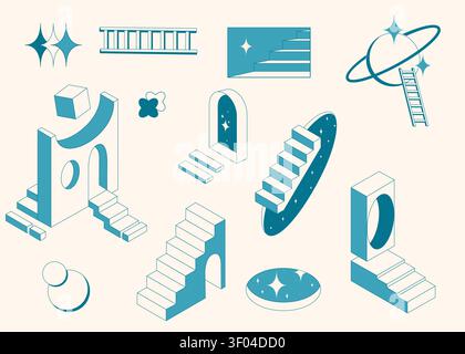 Surreal 3D doors with impossible geometric stairs and ladder, blue vector icons isolated on white background. Abstract illusion portals in retro psychedelic style with strange shapes and perspective Stock Vector