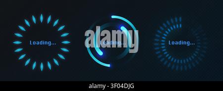 Futuristic HUD interface with loading progress circles set isolated on transparent background. Vector realistic illustration of neon blue round digital elements for game design, cyberpunk interface Stock Vector