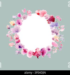 Greenery and red flowers, Round banner, watercolor tiny floral elements . Hand drawn. Not AI, vector illustration. Stock Vector