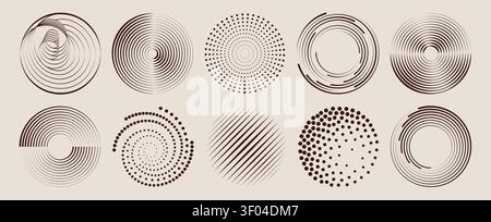 Abstract halftone circles set isolated on background. Vector realistic illustration of circular shapes with dot pattern and radial waves, modern geometric design, swirling lines and gradient effect Stock Vector
