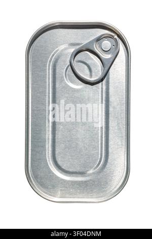 Top view of an empty rectangular metal tin can with a pull ring pull tab, isolated on a white background. Stock Photo
