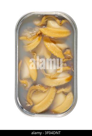 Top view of an opened rectangular metal tin can filled with preserved clams in brine, isolated on a white background. Stock Photo