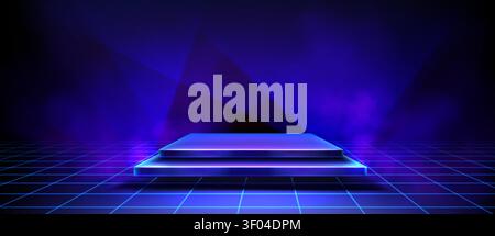 Glowing square stage with neon lights on dark. Vector realistic illustration of futuristic digital platform on grid floor, game winner presentation podium, holographic display with LED effects Stock Vector