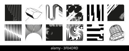 Y2K brutalist geometric icons set on white background. Vector illustration of abstract bold spiral, black shapes and patterns, design elements with optical illusions, retro futuristic symbols Stock Vector