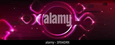 Neon pink glowing ring with glitch effect on dark tech background. Vector abstract illustration of distorted circle with digital light, circular frame for game ui, futuristic lab energy portal design Stock Vector