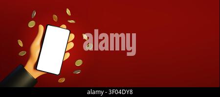 3D illustration hand holding smartphones with empty screen, falling gold coins on red background. Mobile payment, money transfer or cash back concept. Digital finance, bank transaction via phone app Stock Vector
