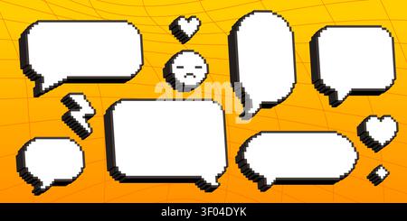 Pixel 3D speech bubbles and emoji icons for retro messenger design. Vector illustration set of empty isometric text clouds, sad smiley, heart and lightning, creative 90s style computer graphics Stock Vector