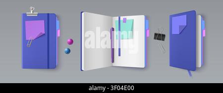 Realistic 3D notebook with empty white pages, bookmark, paper clips and violet cover. Vector realistic illustration of open and closed notepad template with memo stickers and pen, office stationery Stock Vector