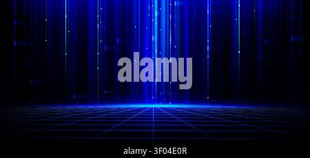 Futuristic tech background with blue rays and grid floor. Vector realistic illustration of abstract digital space with vertical neon light lines glowing on black backdrop, energy motion effect Stock Vector