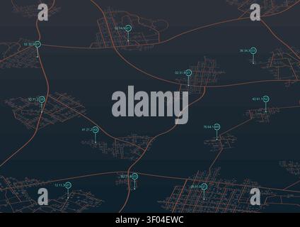 map displaying geolocation coordinates and orange road grid. Vector illustration. Stock Vector
