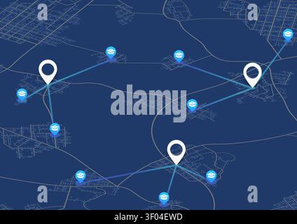 Isometric education logistics map with graduation cap pins and blue route. Vector illustration. Stock Vector