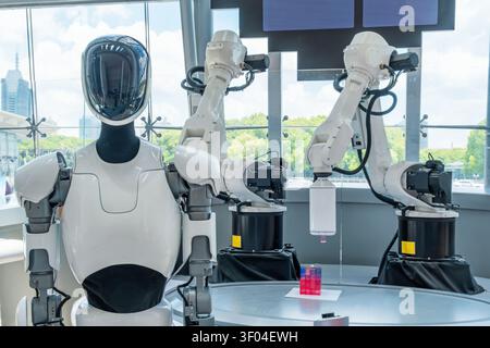 Humanoid robot with robotic manipulators at artificial intelligence demonstration. Advanced automation, machine vision, future of smart manufacturing Stock Photo