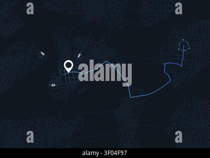 GPS navigation screen with blue driving route and destination pin. Car travel direction. Vector illustration. Stock Vector
