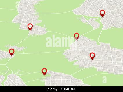 Isometric regional map with separate town districts and red location pins. Suburban landscape. Vector illustration. Stock Vector