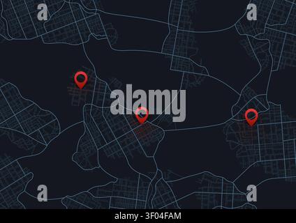 Dark night city map background with three red destination pins. Vector illustration. Stock Vector