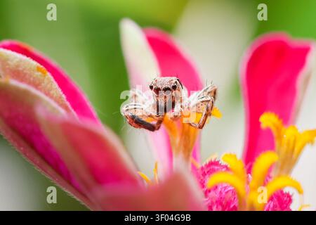A close up of small jumping spider perched on vibrant pink and yellow flower petal, showcasing detailed eyes and fuzzy legs in bright natural setting Stock Photo