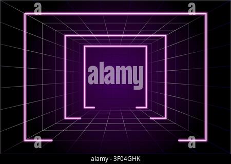 Glowing neon portal inside a futuristic wireframe tunnel with geometric perspective and vibrant purple lighting. Stock Vector