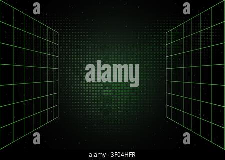 Matrix inspired digital binary data corridor with green wireframe perspective creating a futuristic technology background for cybersecurity and artifi Stock Vector