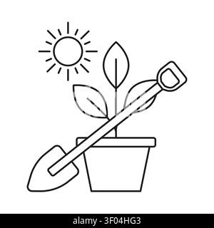 Potted plant shovel sun black vector icon features garden tools. The botanical agriculture concept highlights nature apps. Stock Vector