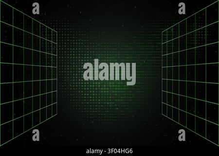 Matrix inspired digital binary data corridor with green wireframe perspective creating a futuristic technology background for cybersecurity and artifi Stock Vector
