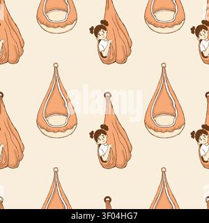 Sensory Therapy Swing with Girl Seamless Pattern. Kids Vestibular Training Pod Hammock on Beige Repeating Background. Color Line Art. Hand Drawn Cocoo Stock Vector