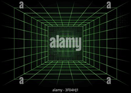 Matrix inspired wireframe room with digital binary code creating a futuristic perspective technology background for cybersecurity and artificial intel Stock Vector