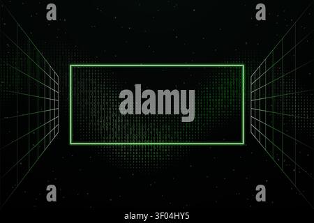 Matrix inspired glowing rectangle with digital binary code and wireframe perspective creating a futuristic technology background with horizontal copy Stock Vector