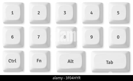Modern 3D keyboard buttons isolated on background. Vector realistic illustration of white keycaps top view, personal computer control set, pc hardware, desktop design elements Stock Vector
