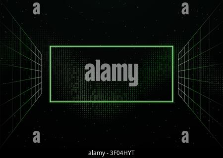 Matrix inspired glowing rectangle with digital binary code and wireframe perspective creating a futuristic technology background with horizontal copy Stock Vector