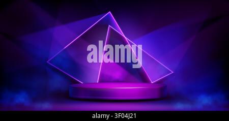 Round purple podium stage with glowing geometric shapes and neon lights, dark vector background. Modern 3D platform for game product display with futuristic tech atmosphere and smoke effect Stock Vector