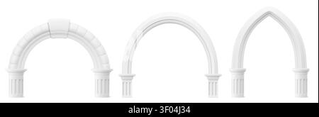 Ancient Roman arches set isolated on background. Vector realistic illustration of classic white stone columns and pillar details, 3D Greek marble molding gateways, elegant presentation design elements Stock Vector