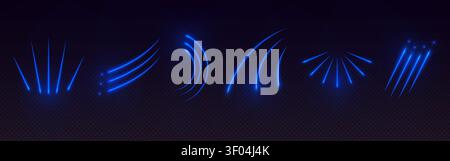 High speed light trails with dynamic motion effect and blue neon beams and sparkling rays, abstract vector set isolated on transparent background. Glowing realistic arrows for modern tech design Stock Vector