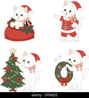 Cute Christmas kitten vector collection featuring Santa costume, gift bag, Christmas tree, wreath, and festive holiday decorations for greeting cards, Stock Vector