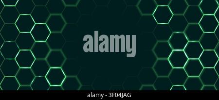 Abstract hexagon pattern with glowing green neon lights on dark background. Vector realistic illustration of futuristic tech grid texture for digital design, modern game space, presentation backdrop Stock Vector