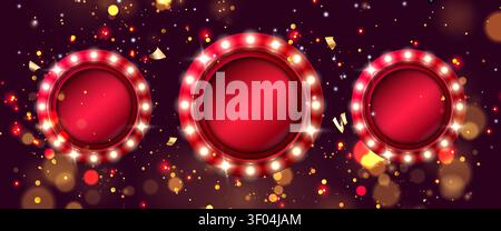 Round casino winner frames with led bulbs and shimmering bokeh sparkles on background. Vector realistic illustration of gambling app ui, red avatar borders for online poker players, retro show banner Stock Vector