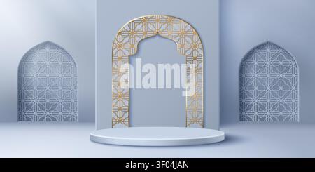Elegant blue Ramadan podium with arch door, islamic ornament pattern, realistic vector background. 3d premium round display for Eid Mubarak product presentation, luxury Arabian festive backdrop design Stock Vector