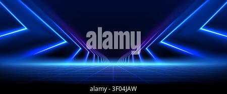 Futuristic neon grid floor with glowing blue lines and perspective, abstract vector background with speed effect. Digital matrix texture, triangles with laser beams, and cyberpunk design Stock Vector