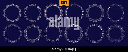 Collection of seamless lace scalloped circle frames on blue background. Stock Vector